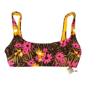 Aerie NWT Scoop Bikini Top Tropical Floral Green Hot Pink Gold Removable Pads XS